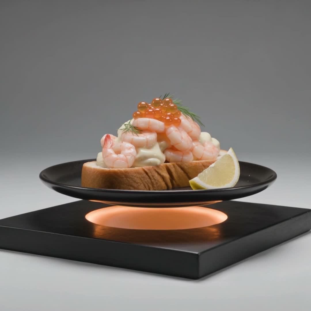 En toast skagen på en svart tallrik, som ett föremål