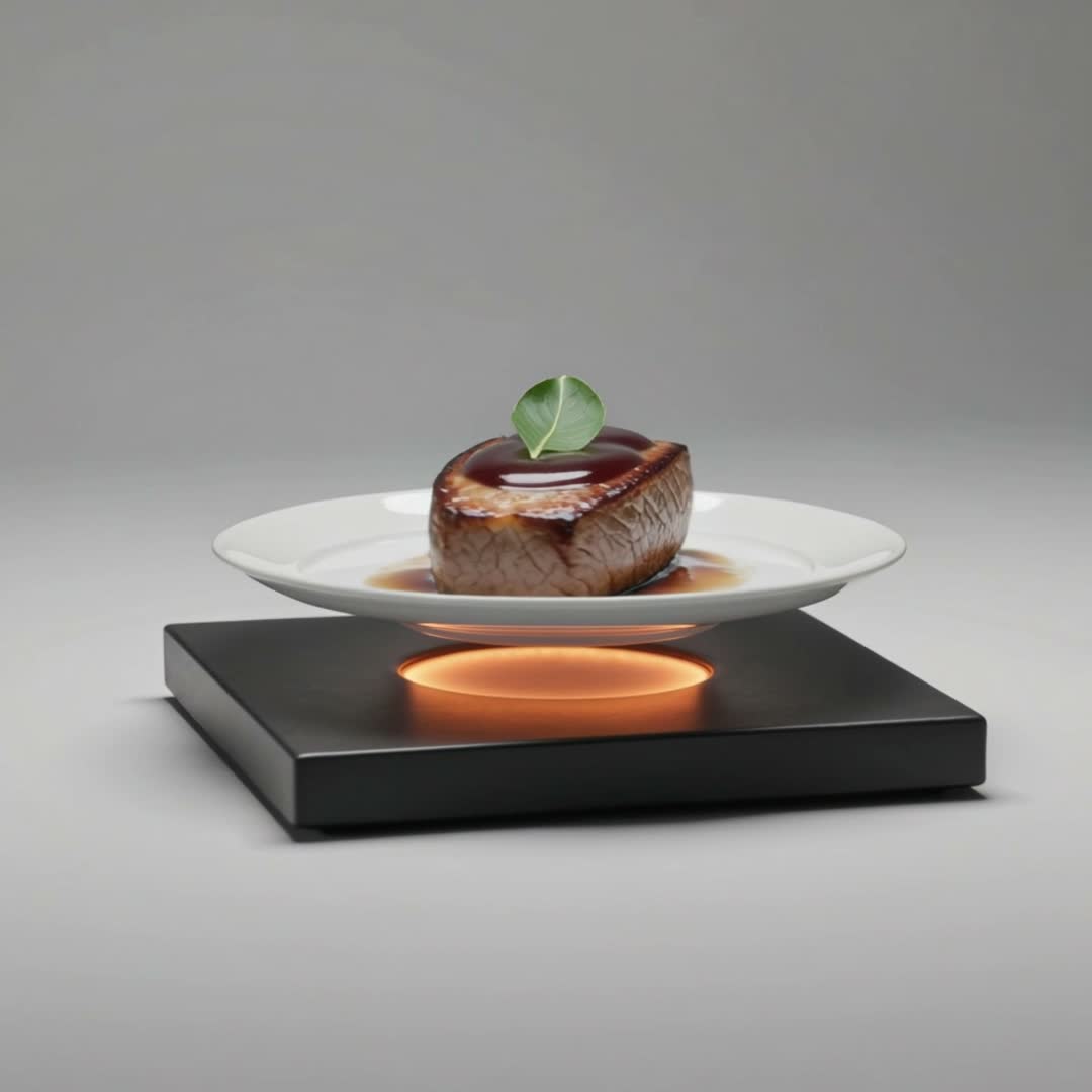 En tallrik som svävar över en sockel, ett orange ljus under